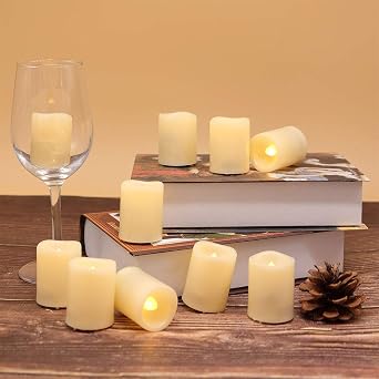 Flameless Votive Candles with 6 Hour Timer, Battery Operated Ivory LED Flickering Small Pillar Tealight Candles Bulk 1.5 D x 2 H Set of 10 Warm Light Indoor Wedding Christmas Holiday Decor