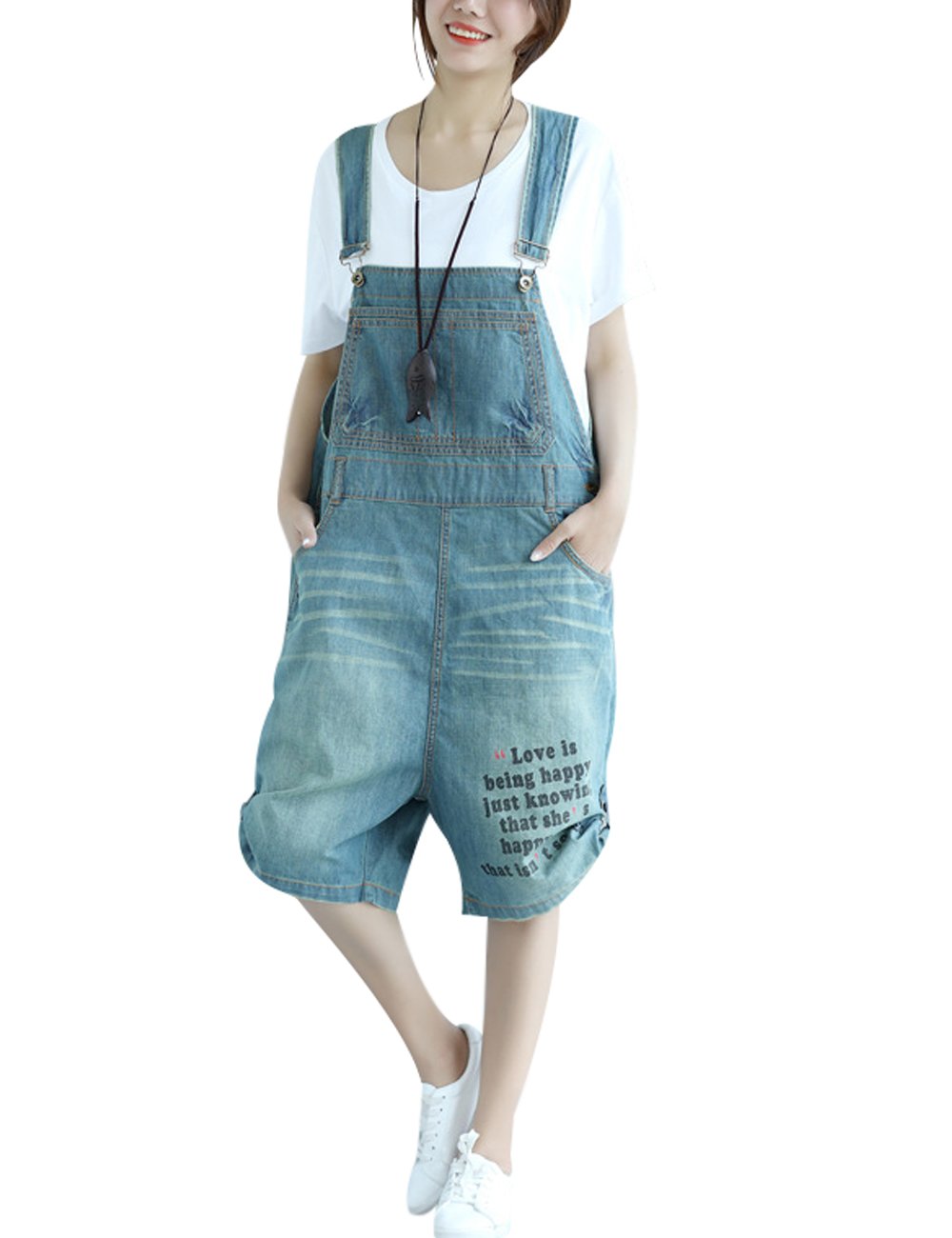 Youlee Femmes Été Lettre imprimée Pantalon cinquième Denim salopettes