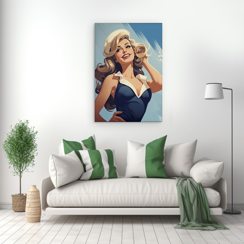 Canvas for Living room. Blonde Ambition: A Confident Beauty in Monochrome and Blue, 27 x 18 inch Canvas Wall Art - Ready to Hang - 69x46 cm (27x18 inch)