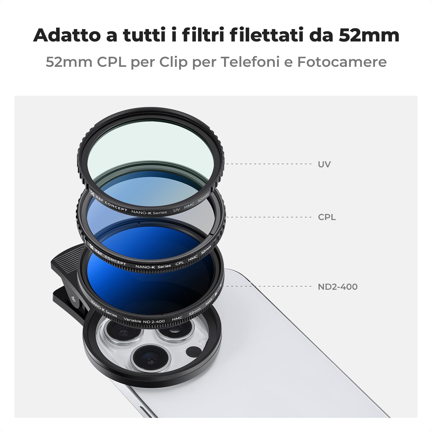 K&F CONCEPT 52mm Clip-on Filtro Polarizzatore Circolare per Cellulari Telecamera, Telefono Filtro CPL Compatibilie con iPhone 16 15 Pro Max 14 13 12 11