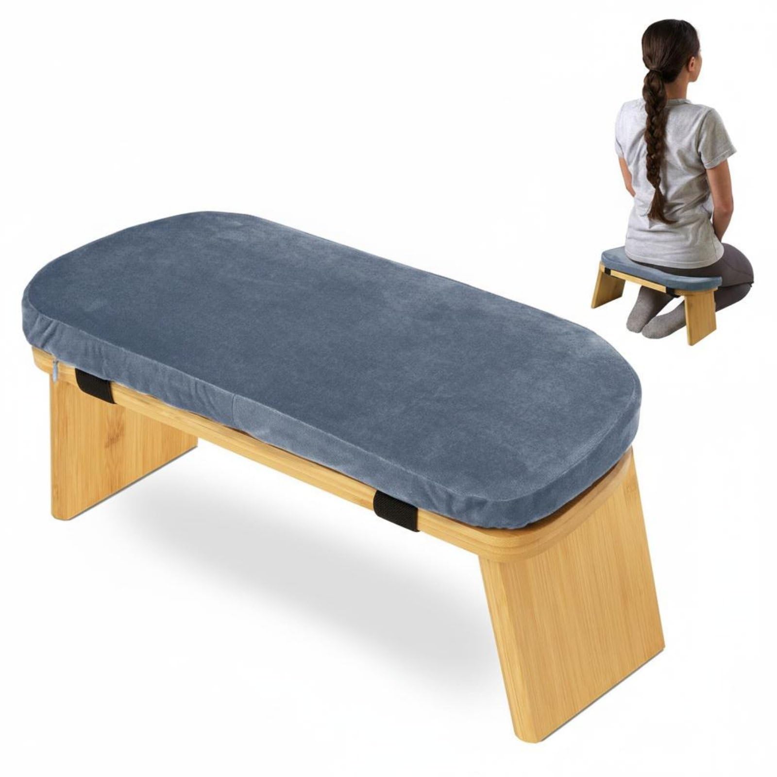 Enakshi® Soft Padded Cushion Wooden Kneeling Bench Ergonomic Design Cushioned Meditation Seat Includes Carrying Bag Bamboo Meditation Stool for Meditators, Light Blue Wo Bag-image-23