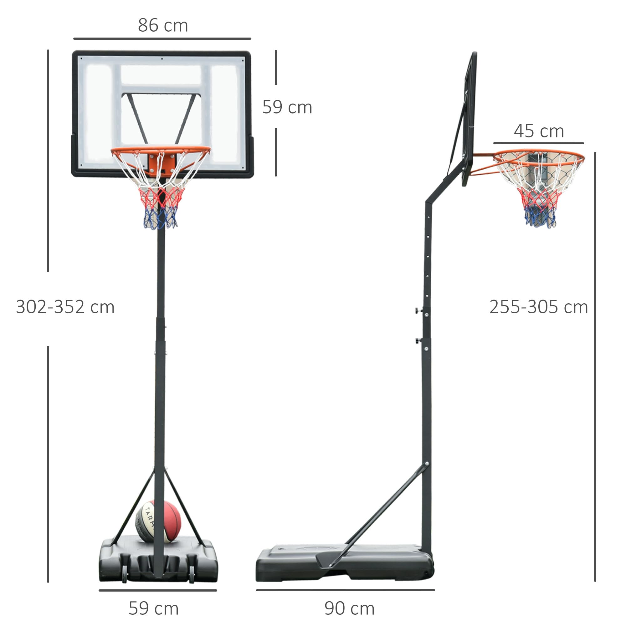 HOMCOM Canasta de Baloncesto Aro Portátil Ajustable Altura 302-352 cm Base Rellenable con Ruedas Negro