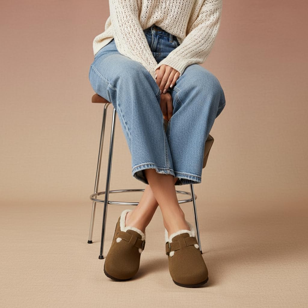 CUSHIONAIRE Haven Genuine Leather Clogs for Women – Faux Fur Lined Slip-On Womens Shoes with Cork Footbed and Adjustable Buckle - Image 2