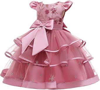 Girls Embroidery Bowknot Dress Cap Sleeves Princess Ruffle Tulle Tutu Prom Pageant Wedding Birthday Party Ball Gowns