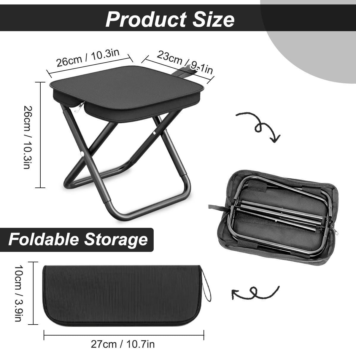 Sgabello da Campeggio, Sgabello Pieghevole Portatile, Sedia Pieghevole Portatile, Mini Sgabello Pieghevole, Leggero Sgabello da Pesca per Viaggi Escursionismo Giardino Pesca Barbecue Spiaggia (Nero)