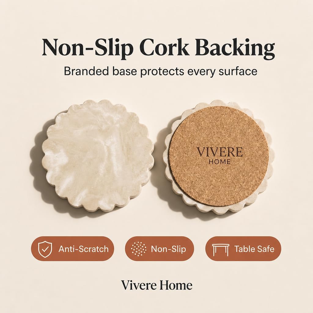 Concrete Stone Coasters Set of 4, Coffee Table Decor, Cute Coasters for Drinks, Non-Slip Cork Backing, Housewarming Gift, Wedding, Protects Tables from Stains & Scratches