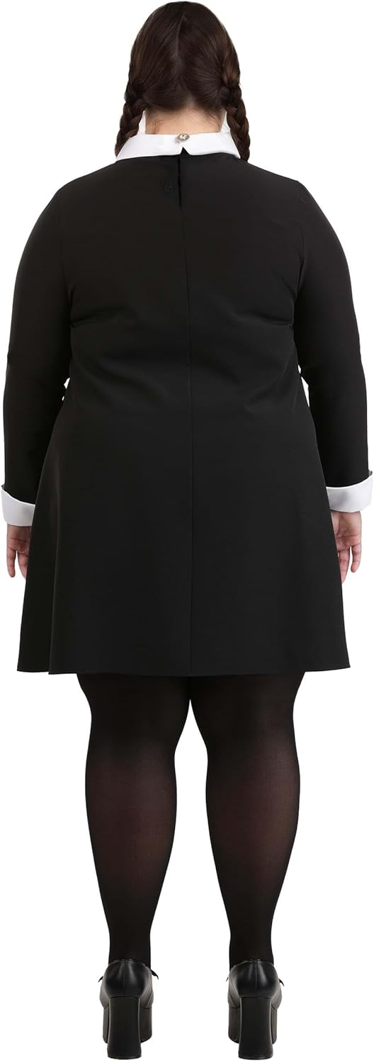 Plus Size Wednesday Addams Costume for Women - 1960s Style Black Dress & White Collar for Halloween - Officially Licensed