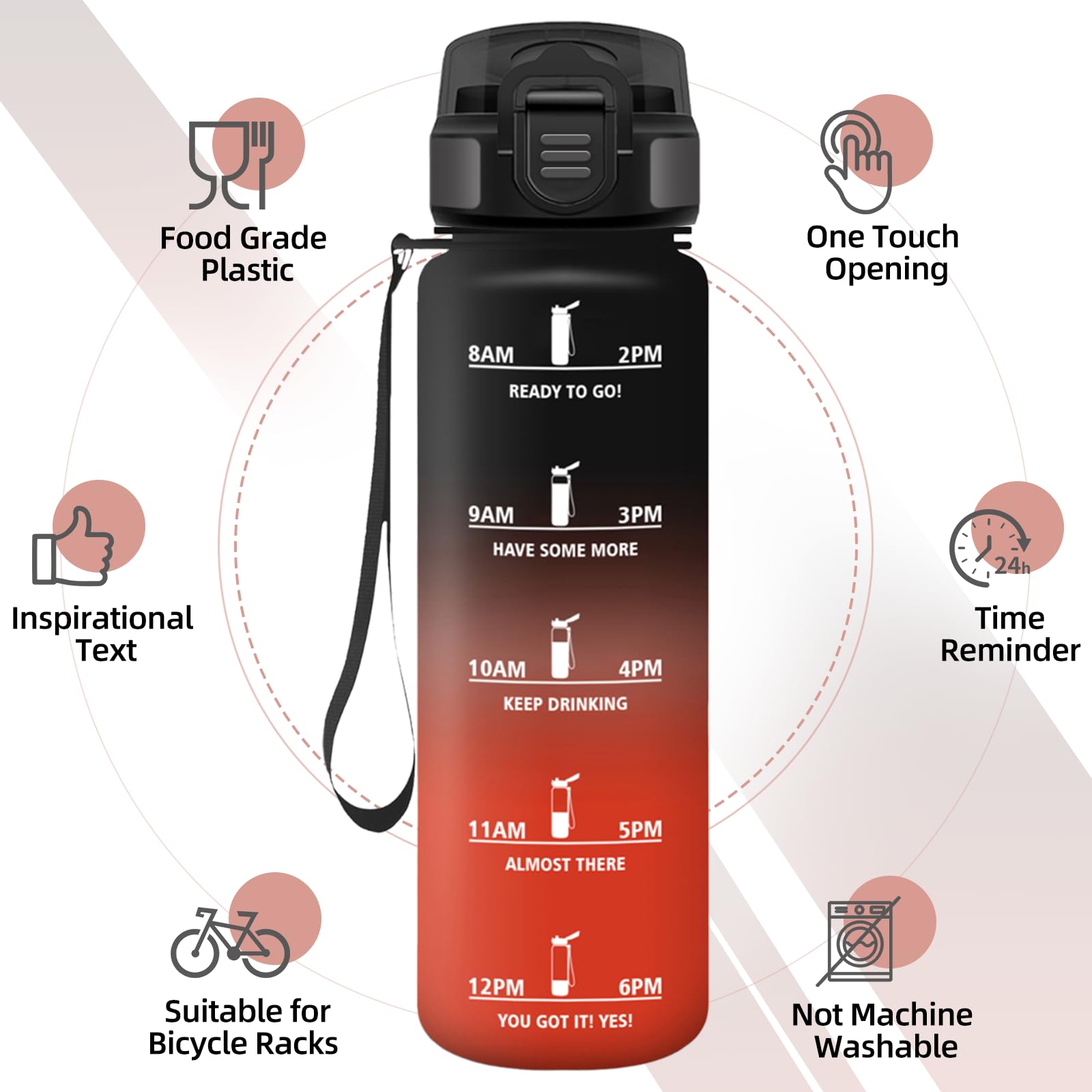 Baramumu Borraccia 1 litro, con Cannuccia, Borraccia Palestra, a Prova di Perdite, Bottiglia acqua, Facile da Aprire, Borracce, per Palestra, Trekking, Fitness, Yoga, Ufficio, Nero-Rosso