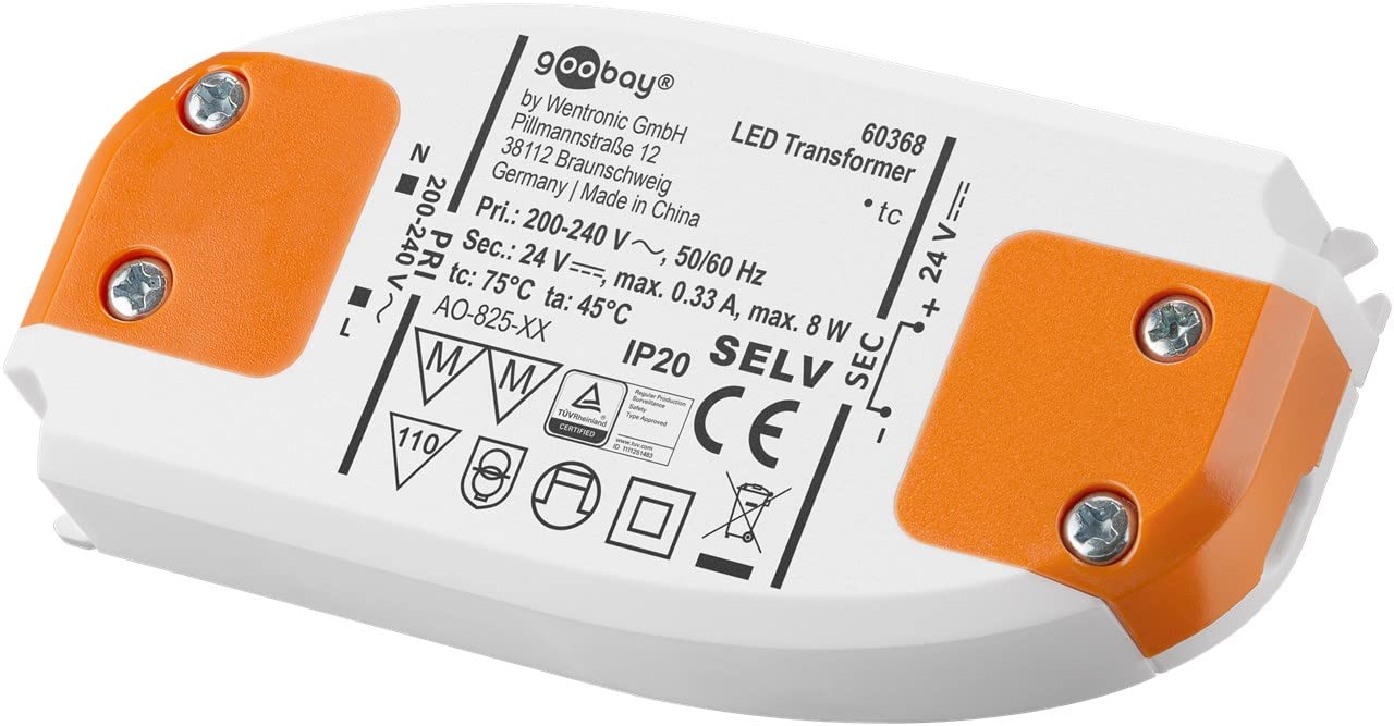Goobay White/Orange 60368 Led Transformer 230 V To 24 V - Led Low Voltage Transformer For Led Lighting - Total Load Up To 8 W - 94.5 X 46.2 X 19.5 Mm