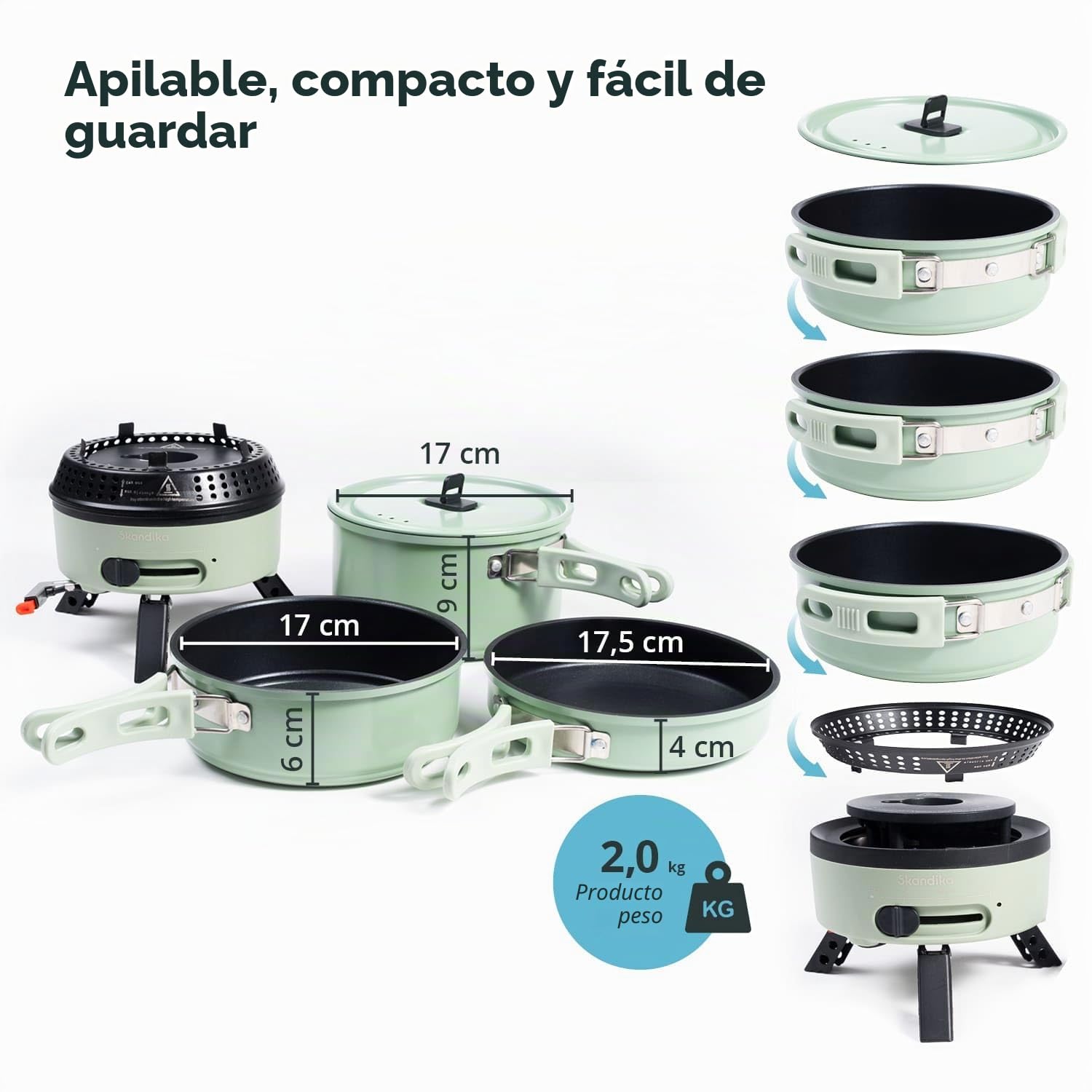 Skandika Hornillo de camping Rask | Hornillo híbrido para camping, 2 en 1, funciona con electricidad o gas, encendido piezoeléctrico, con utensilios de cocina (verde)