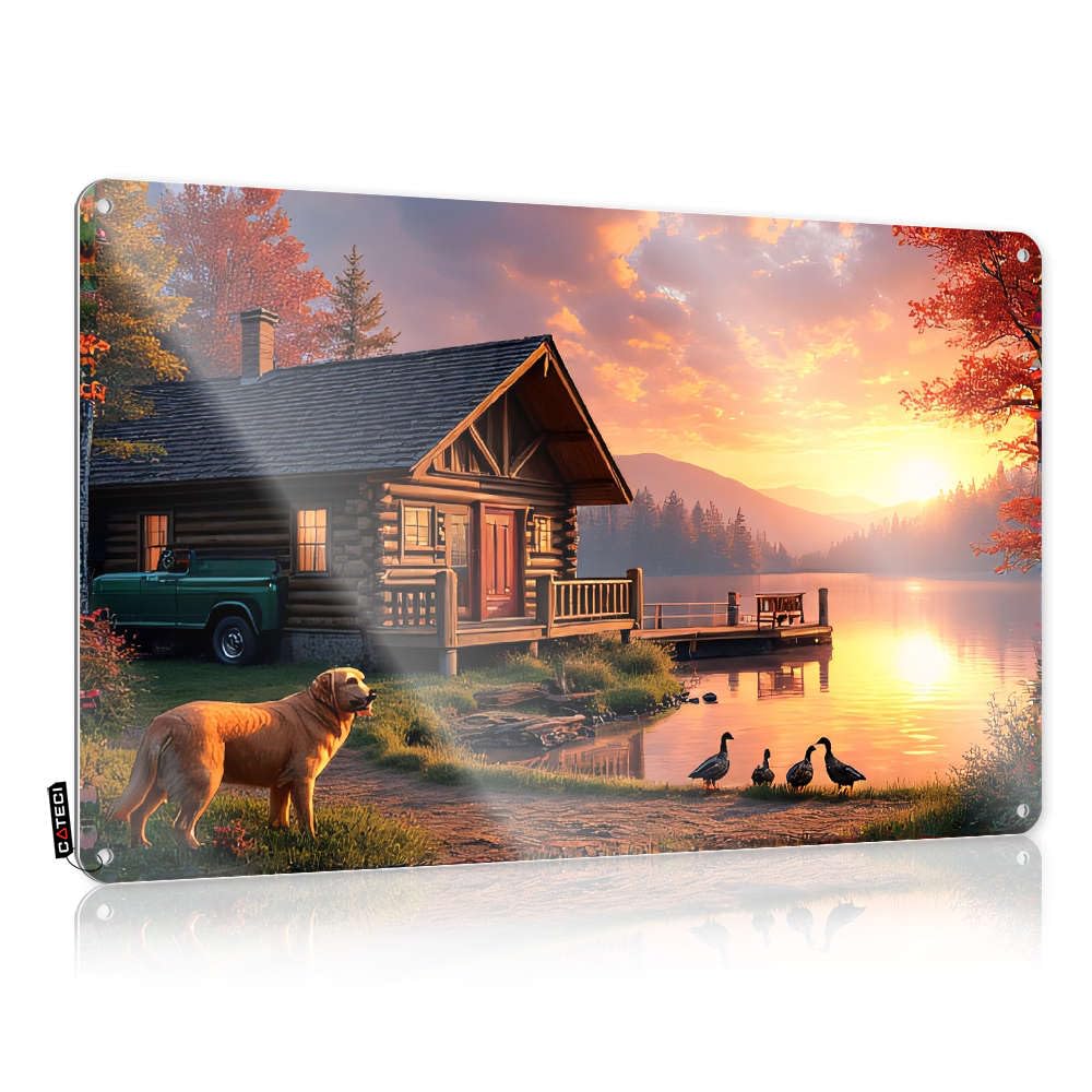 Neon Western Bar Funny Sign - Log Cabin By The Lake At Sunset. Cover Rustic Wall Hanging(30X40CM)