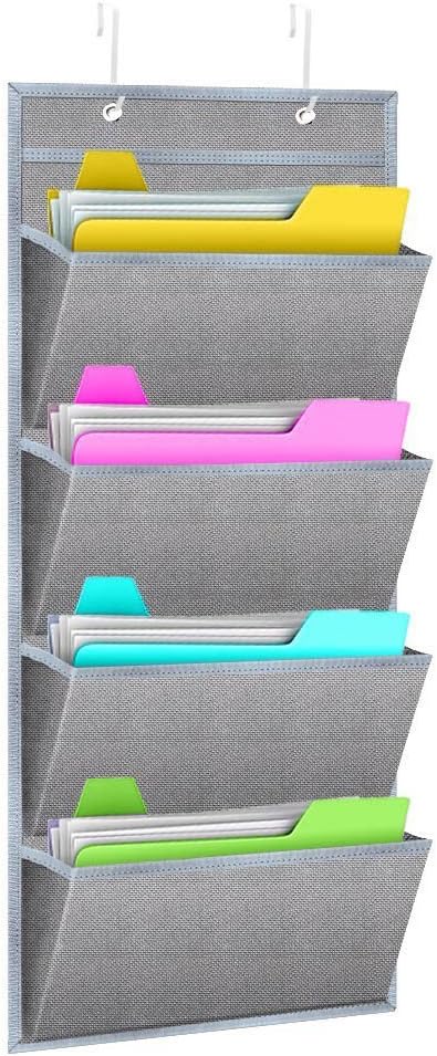 wishacc Hanging Wall File Organizer, Wall Mount/Over the Door Office Supplies Storage Mail Organizer for Notebooks,Planners,File Folders - 4 Pockets Deep Gray