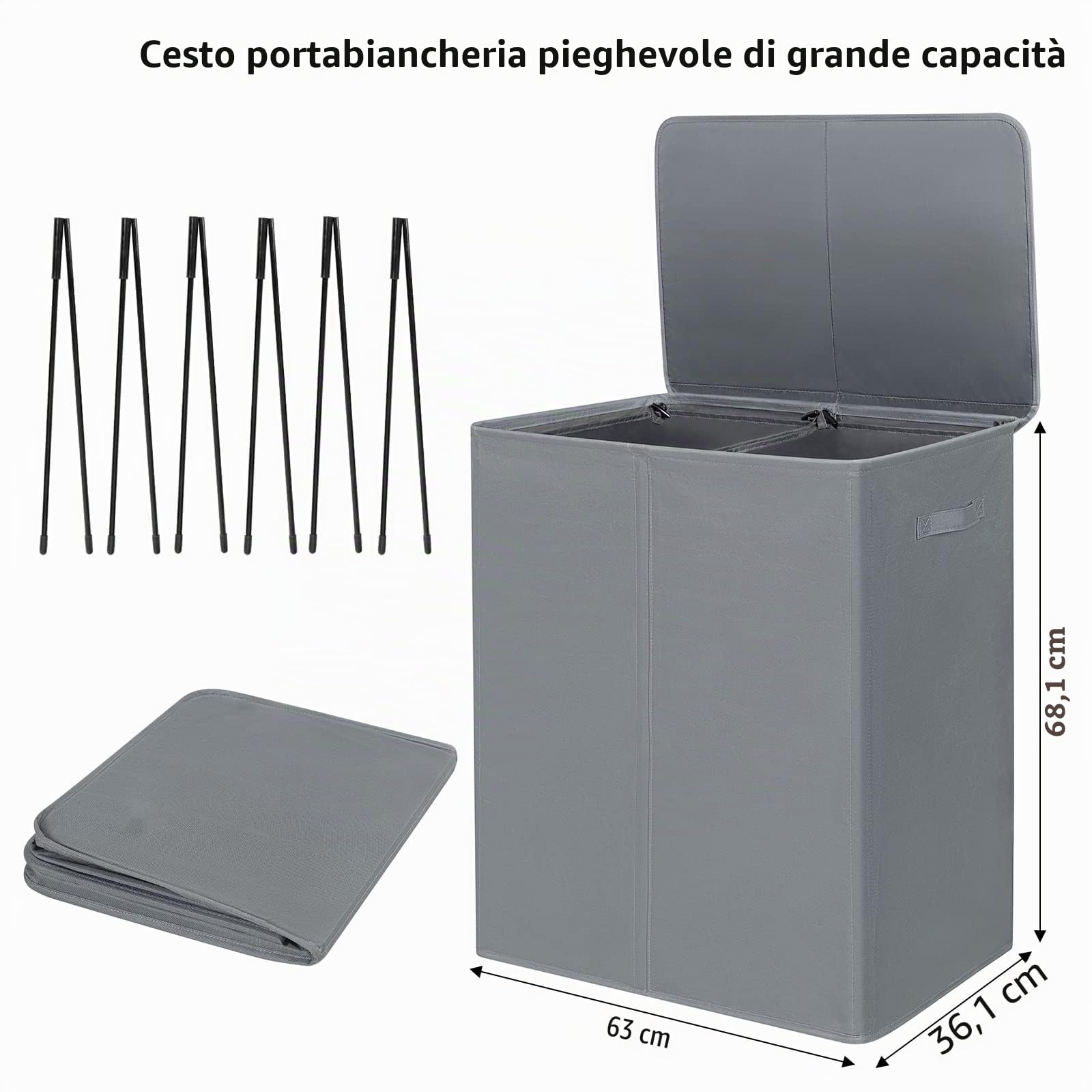 Chrislley Cesto portabiancheria doppio con coperchio e sacchetti per biancheria rimovibili, 154 L, pieghevole, con 2 divisori e manici, per camera da letto, lavanderia, armadio (grigio)