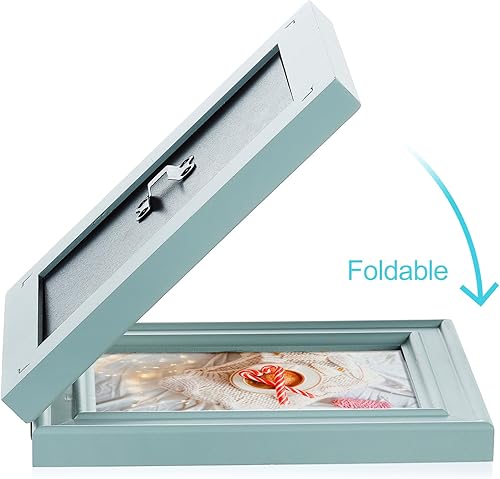 Miniatura 9 de Marco de fotos plegable de 4 x 6 pulgadas, doble horizontal, con bisagras, madera de pino azul verdoso con cristal real para mesa X3-LAN-2H46