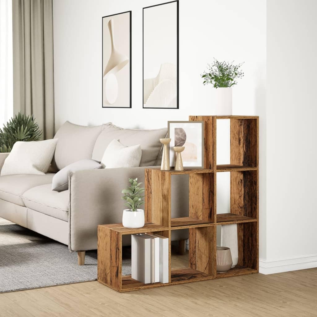 Raumteiler-Bucherregal 3 Etagen Altholz-Optik 99x29x99 cm | Holzwerkstoff, 6 Facher, Feuchtes Tuch Reinigung, Vielseitig Einsetzbar