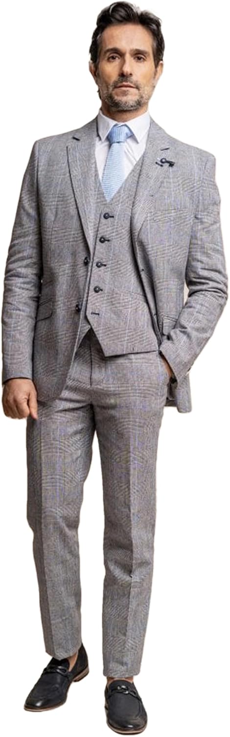 Mens Check Slim Fit Suit Formal Wedding Business 3 Piece Gray Set