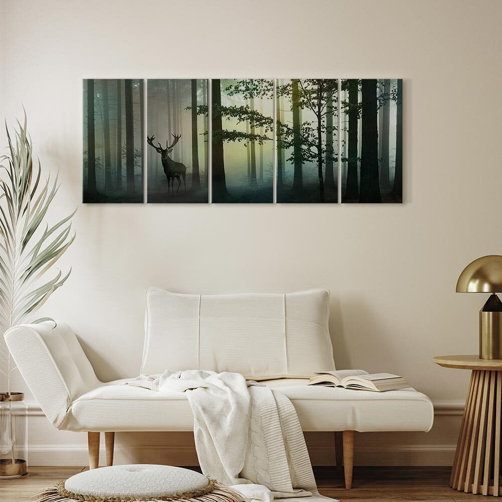 decomonkey Bilder Hirsch 225x90 cm 5 Teilig Leinwandbilder Wandbild Tiere | Bild auf Leinwand, Kunstdruck, Wanddeko, Wohnzimmer, Wanddekoration, Wald, Natur