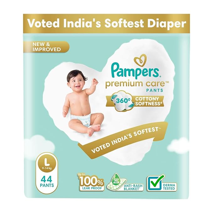 Pampers Premium Care Pant Style Baby Diapers | Large (L size) | 44 Count | Voted India's Softest | All-in-1 with 360 Cottony Softness Diapers | 9-14kg