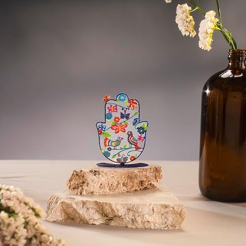 Vista 9 de EMANUEL Yair - Amuleto pequeño de mano Hamsa de pie de 4 pulgadas Dije colorido de buena suerte Hamsah Stand Home Blessing Regalo de arte