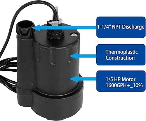 Vista 3 de Bomba sumergible de 1/5 HP Bomba sumergible termoplástica Bomba eléctrica de transferencia de agua con cable de 10 pies, color negro
