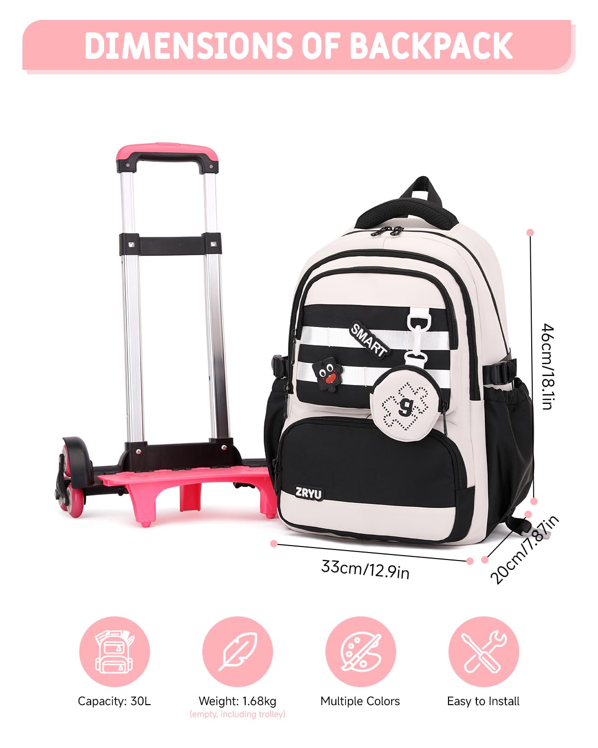 Tanou Zaino Trolley Scuola Elementare e Media per Ragazze Adolescenti 30 L | Staccabile Zaino Rotelle Bambina, Zaino Casual con Ruote in Nylon Impermeabile per la Scuola Viaggio, Nero
