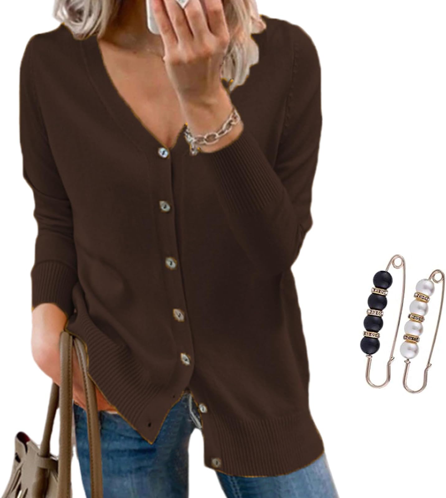 V-Neck Solid Color Knitted Top for Women,Solid Color Sweater Long Sleeve Soft Knit Casual Cardigan Coat,Womens Cardigan Sweaters V-Neck Lightweight Knit Cardigans (Brown,M)