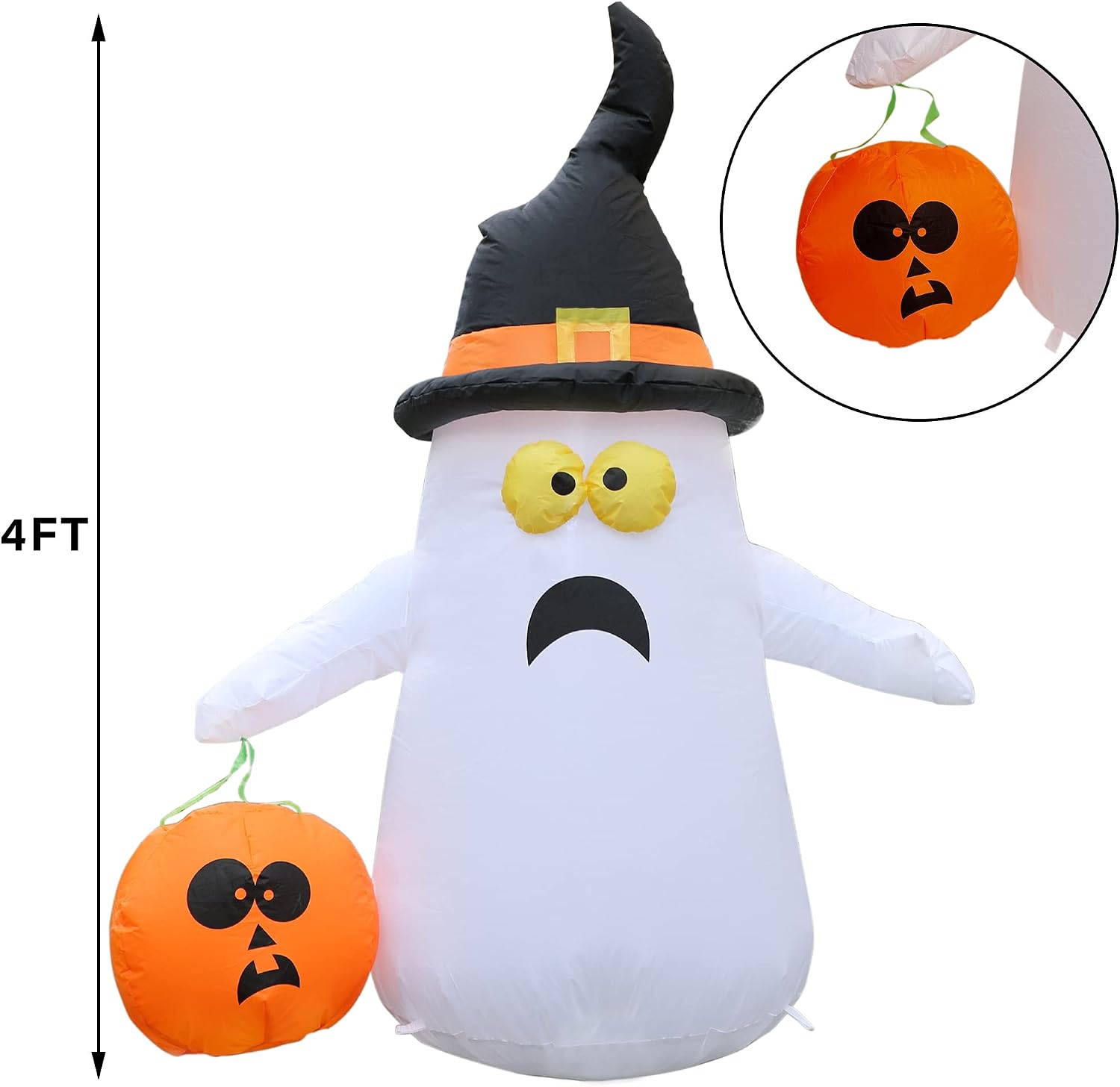DR.DUDU 4 Ft Halloween Inflatables Ghost with Pumpkin Witch Hat, Build-in LED Lights Blow up for Outdoor Yard Garden Lawn Party