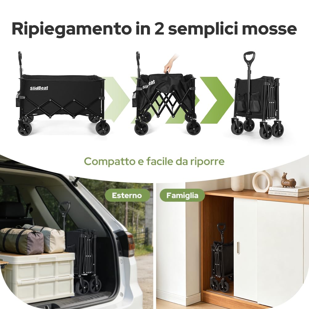 SLIDBEAT - Carrello Pieghevole 120L, Carrello da Campeggio Portatile 100kg, Carrellino Spiaggiacon Maniglia Regolabile Adatto a Tutti i Terreni