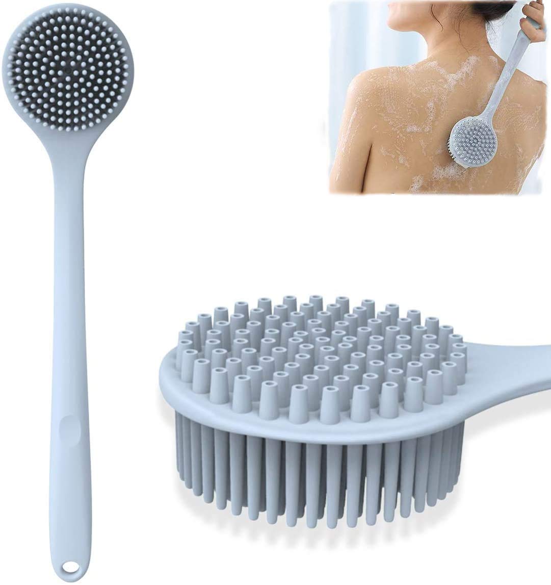 DELFINO Bath Body Brush, Silicone Long Handle Bath Shower Brush Double-sided Back Scrubber No Plastic Smell Back BPA-Free Exfoliating Pad Exfoliator Cellulite Massager Skin Care for Women Men