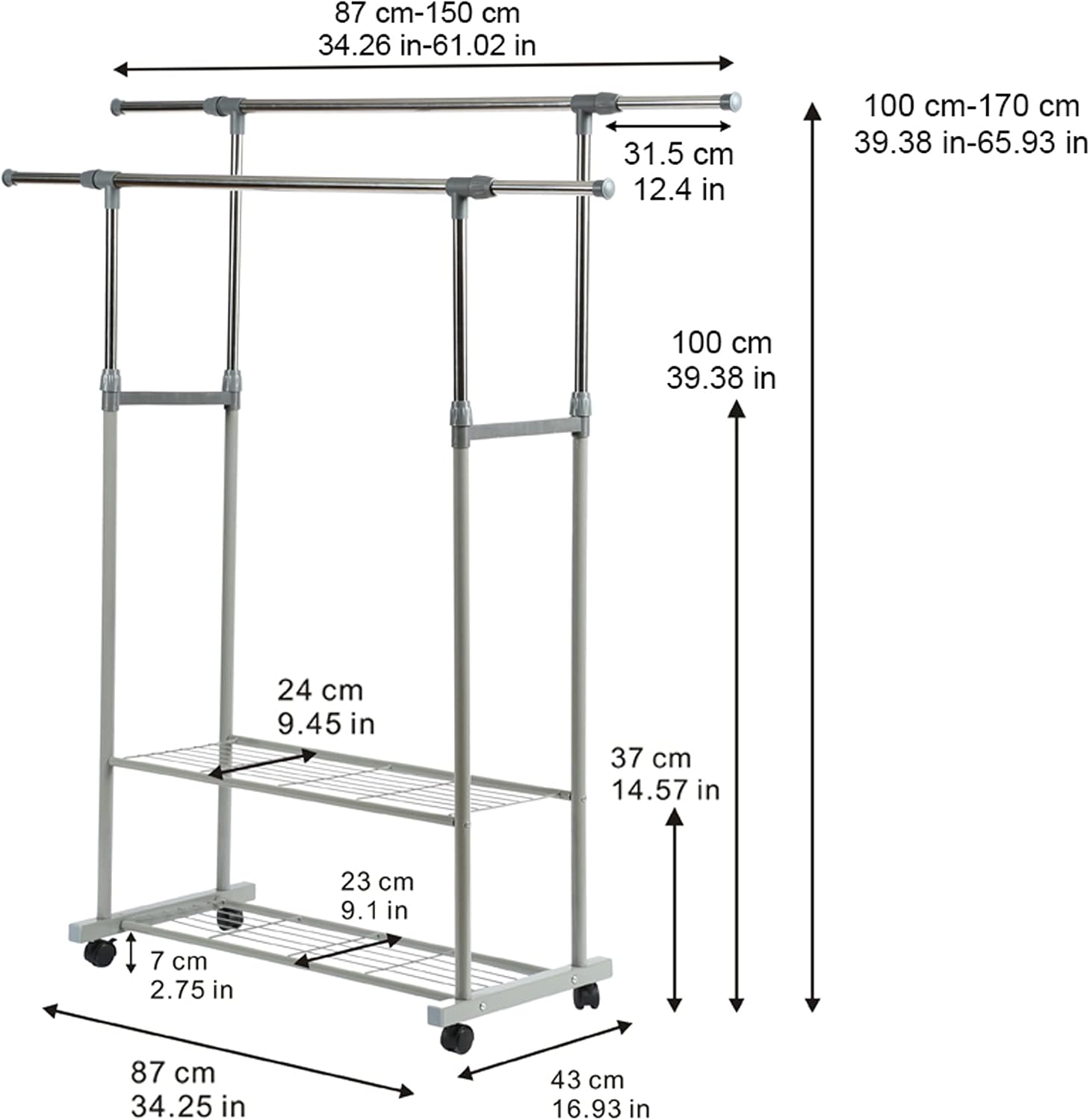HOME BI Rolling Clothes Rack, Adjustable Clothing Racks, Garment Rack on Wheels with Pipe Shelves, Portable Double Rod Metal Rack for Hanging Clothes, Coats, Shoes, Hanger Rack with 2-Tier, Grey