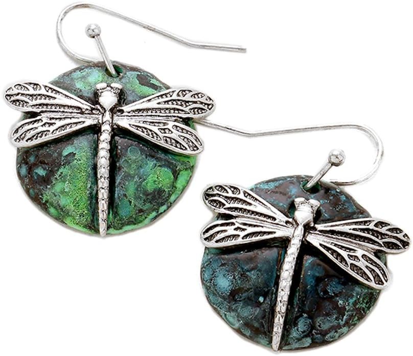 Two-tone Silver and Turquoise PatinaTone Dragonfly Earrings Fish Hook Ear Wire