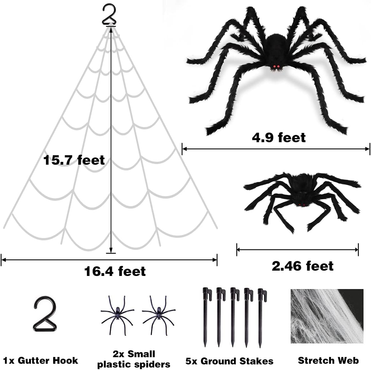 LOVKIZ 200'' Spider Web Halloween Decorations with 2 PCS Giant Spider Decorations (5FT + 2.5FT), Halloween Hairy Spiders Scary Fake Props for Indoor Outdoor Yard Lawn Decoration Home Holiday Halloween Decor