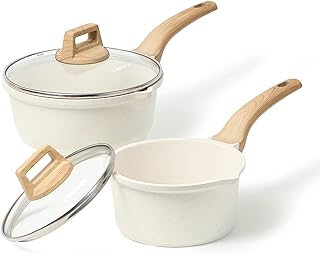CAROTE 1.5Qt & 2.4Qt Sauce Pan Set with Lid Nonstick Saucepan 4 Pcs Non Stick Sauce Pots Cooking Pot with Pour Spout, Easy to Clean, Small Kitchen Pots Induction Pot, PFOA FREE (White Granite)