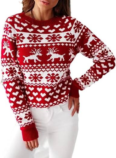 KACHEEG® Women's Christmas Elk Pullover Sweater with Snowflake Pattern and Round Neck