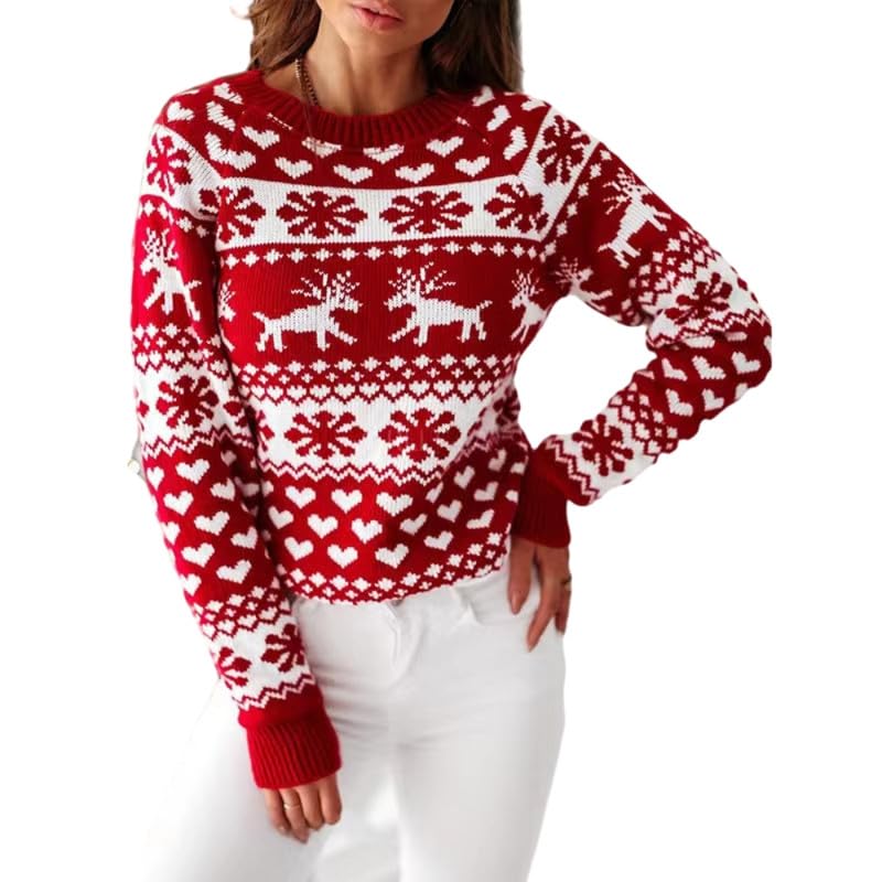 kacheeg Women's Christmas Elk Pullover Sweater with Snowflake Pattern and Round Neck-picture-39