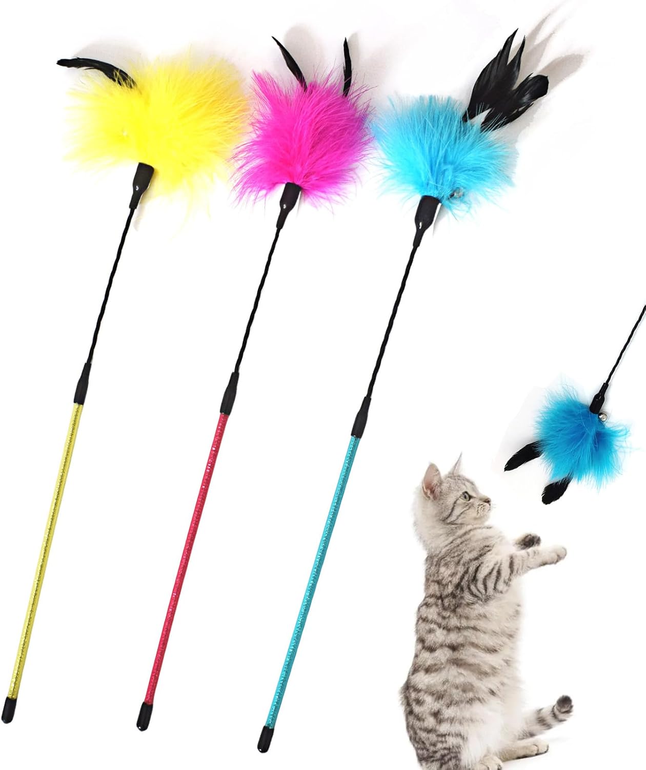 IUHKBH Cat Feather Wands, 3 Colors Interactive Cat Toys Cat Teaser Wands with Soft Turkey Feather and Bell for Cats and Kitties
