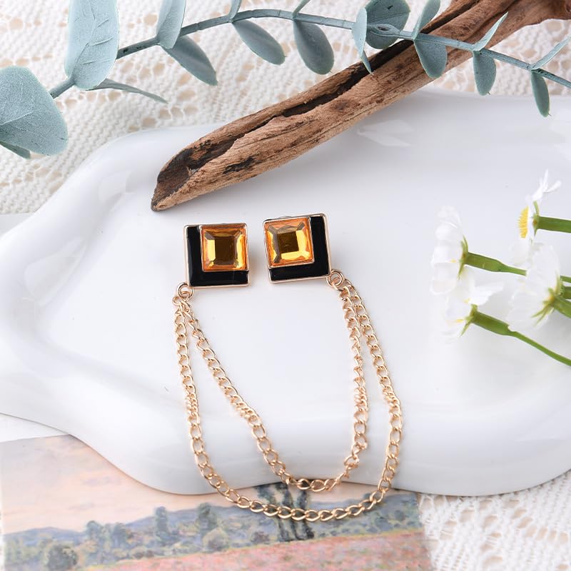 Image of Gem Brooch Pins Hanging Chain Lapel Pin for Men Suits Shirt Collar Brooch Square Crystal Brooch Pin Rhinestone Lapel Pins for Men Tassel Chain Brooch Collar Pins Business Suit Shirt Accessories