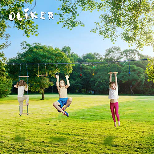 OLIKER Ninja Warrior Obstacle Course for Kids Ninja Slackline 44 Feet Monkey Bar Kit Adjustable Position Outdoor Play Equipment Ninja Line for Kids Backyard Obstacle Training with Rope Ladder - Thumbnail 3