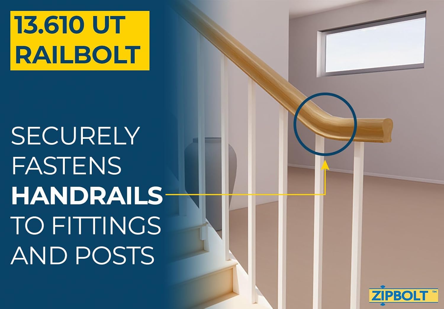 Zipbolt 13.600 UT Railbolt Bulk Pack — Connect Handrails to Staircase Fittings and Newels, Durable, Fast, and Easy Residential and Commercial Installation, New Construction and Remodels