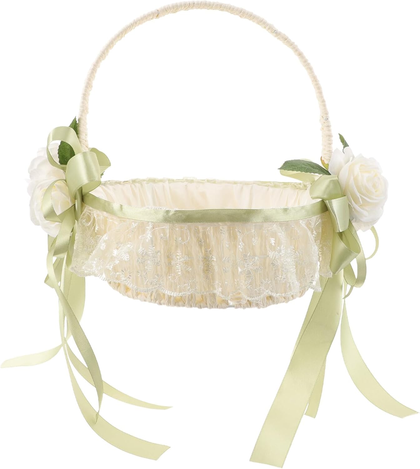 Handheld Wedding Flower Basket with Bowknot White Simulated Rose Floral Basket for Flower Wedding Party Decor Ceremony Supplies