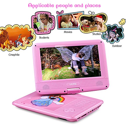 UEME Portable DVD Player with 9 inches Swivel Screen, Car Headrest Mount Holder, Remote Control, Kids DVD Player PD-0093 (Pink)
