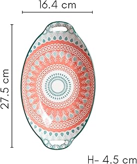 Nestasia Set of 2 Pink and Blue Mandala Ceramic Long Dish with Handles for Serving Snacks, Appetizers, Salads, and Noodles| Microwave Safe, Dishwasher Safe (10.8 Inch)