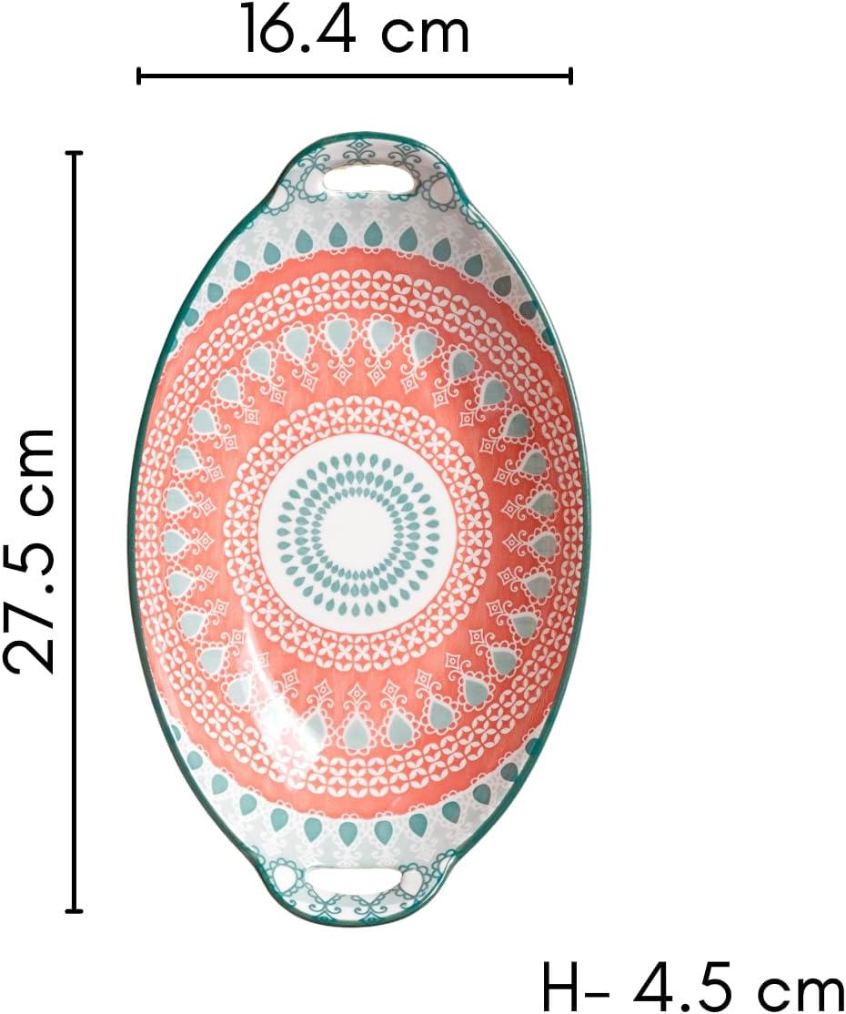 Nestasia Set of 2 Pink and Blue Mandala Ceramic Long Dish with Handles for Serving Snacks, Appetizers, Salads, and Noodles| Microwave Safe, Dishwasher Safe (10.8 Inch)