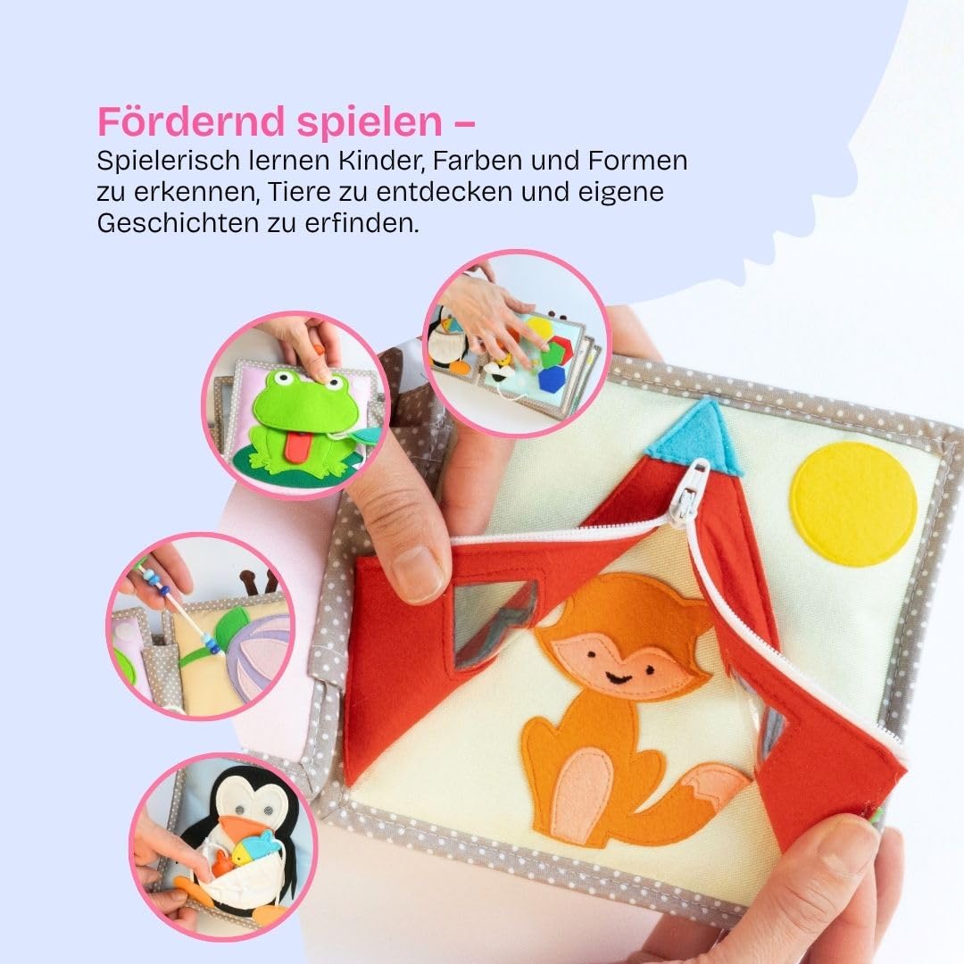 Jolly Designs Mini Quiet Book Schillernder Papagei – Montessori Spielzeug ab 6 Monaten – Fühlbuch & Busy Book ohne lose Teile – Stoffbuch & Motorikspielzeug aus Filz – Lernspielzeug für Babys