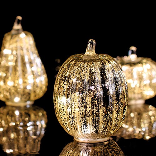 Image of Mercury Glass Pumpkin Light with Timer for Halloween Pumpkin Decorations Fall and Thanksgiving Decor, Sliver,7.5 inches