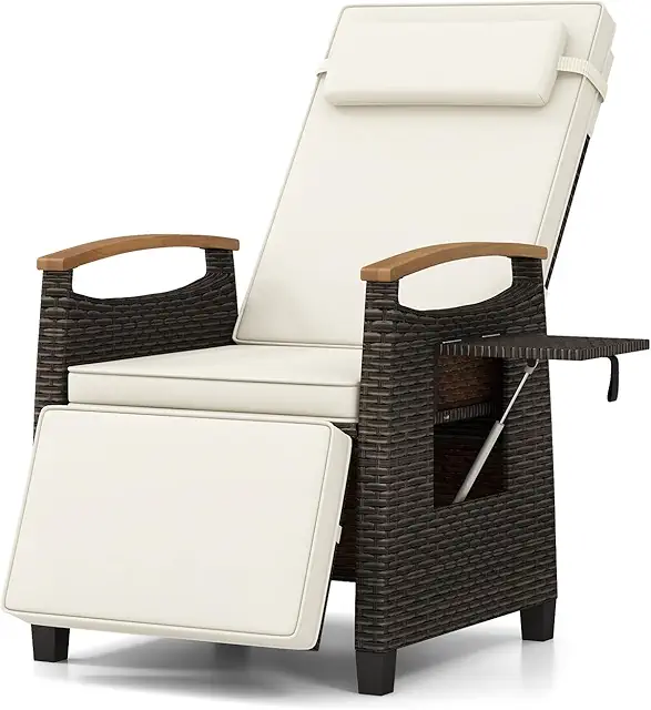 Costway Outdoor Wicker Chaise Lounge Chair with Adjustable Recliner & Side Table