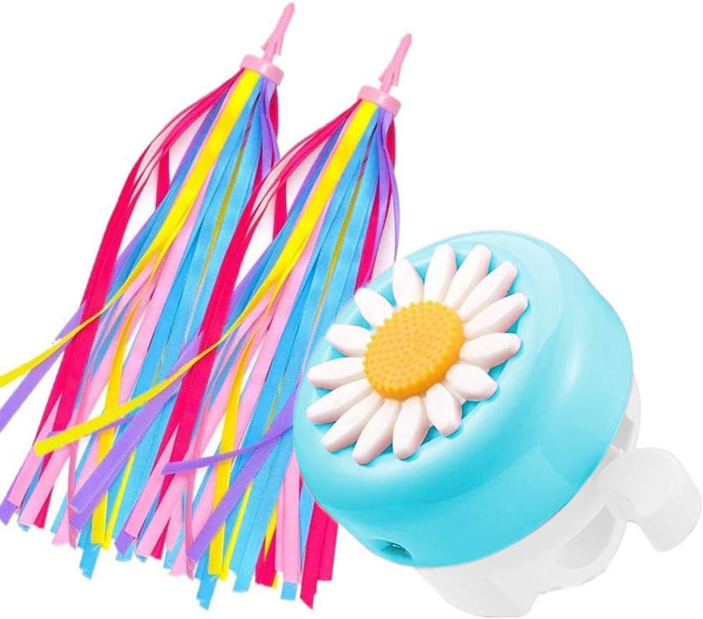 obqo 1 Pack Kids Bike Bell and 2 Pack Kids Bike Streamers for Children's Bike Accessories (Pink, Red, Purple & Blue) (Blue & White)
