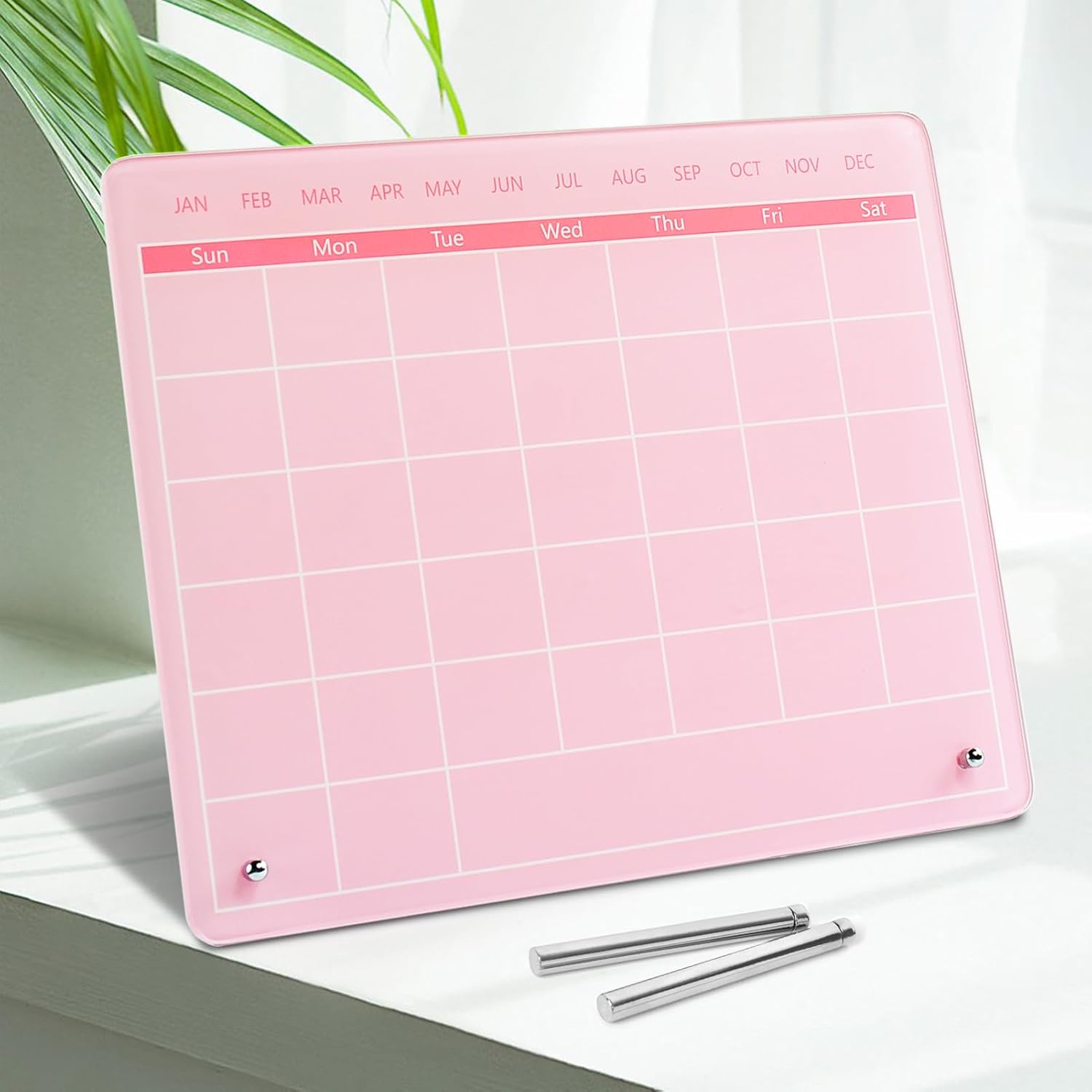 Calendar Dry Erase Board,16"x12",Acrylic Desk Calendar with Stand,Pink Dry Erase Board for Home Office School