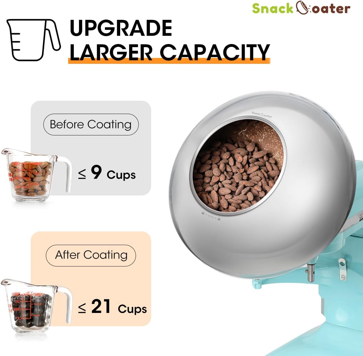 Aieve Snack Coater Compatible with KitchenAid Bowl-Lift Stand Mixer for Making Chocolate Covered Almonds, Pistachio, Peanut, Freeze Dried Strawberry, Raisin, Macadamia Nuts and Blueberry