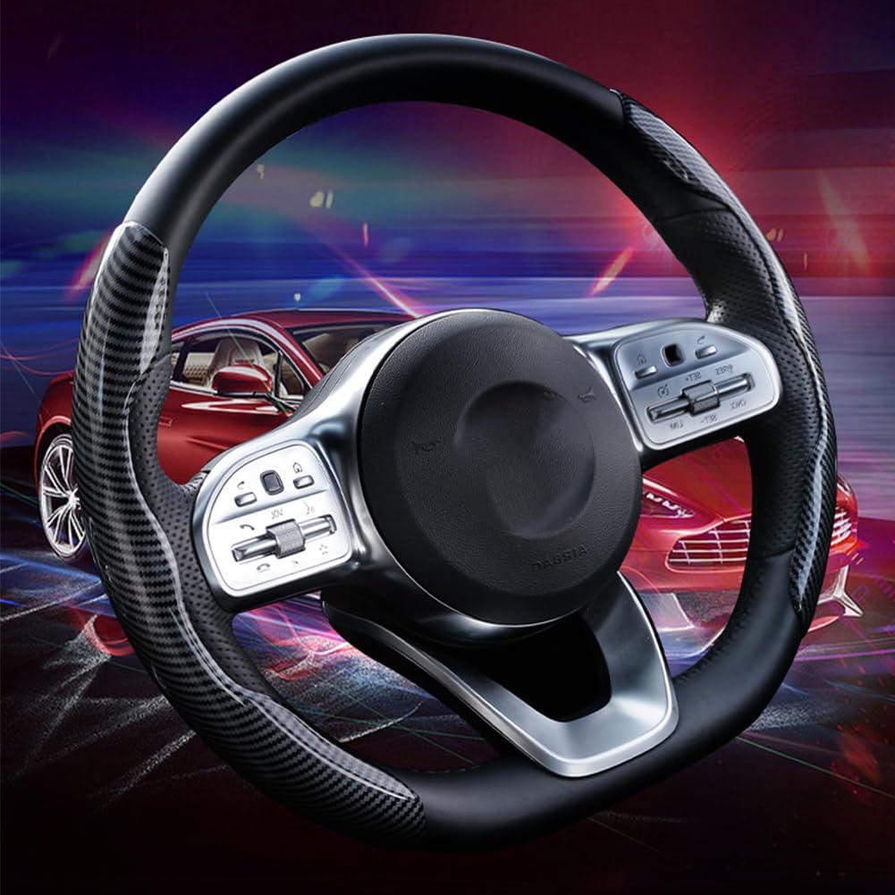 Universal Fit Steering Wheel Cover,Carbon Fiber Car Steering Wheel Cover with Non-Slip Lining,Fit Most of Car Interior Accessories 2PCS(Black)